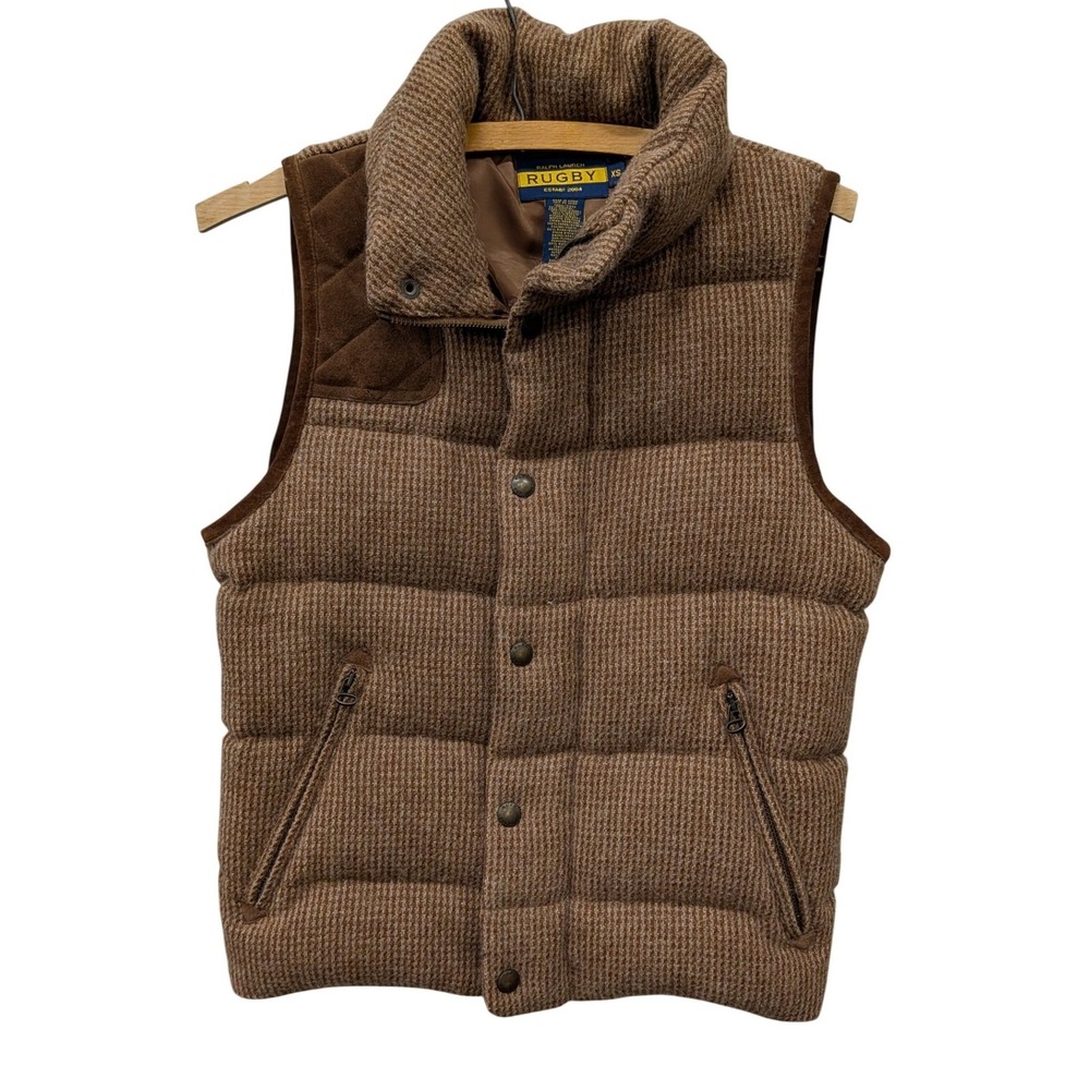 Vintage Ralph Lauren Rugby Wool Alpaca Down Puffer Vest Brown Tweed- XS